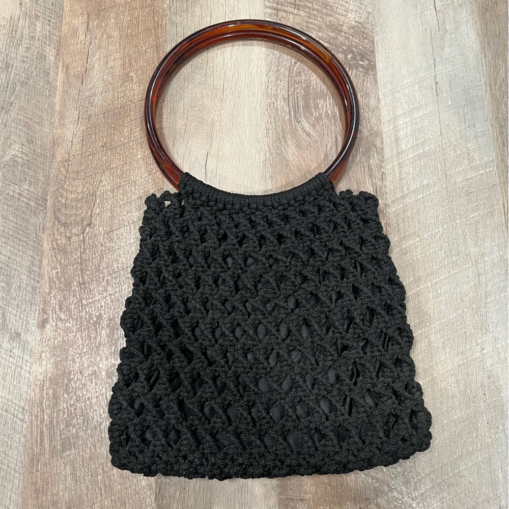 Elegant Black Crochet Tote with Brown Accents Vintage Handmade